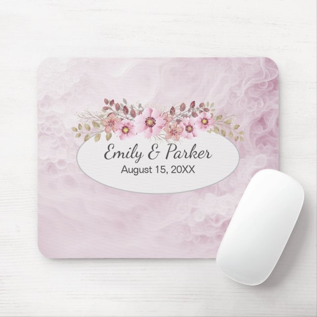 Tapis De Souris Mariage rose Abstrait avec nom et date (Avec souris)