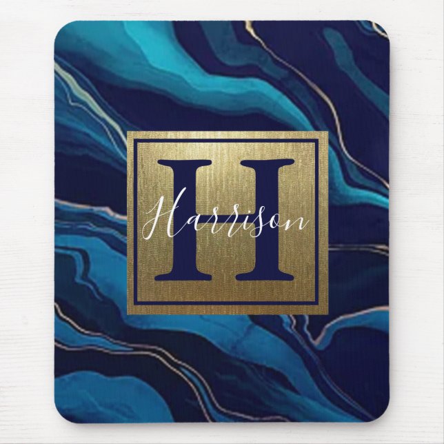 Tapis De Souris Marine Blue Agate Marbre Gold Nom et Monogramme (Devant)