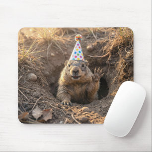 Tapis De Souris Marmotte avec un chapeau de fête d'anniversaire