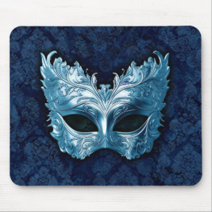 Tapis De Souris Masque Vénitien Bleu sur Fond de Damas Bleu