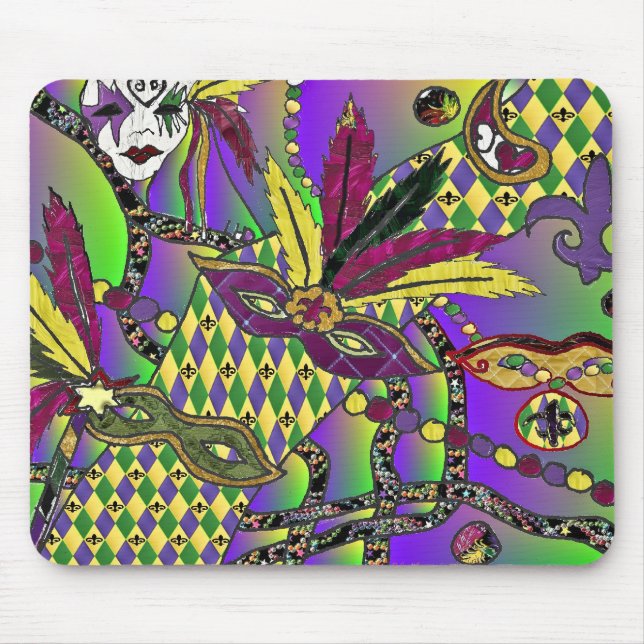 Tapis De Souris Masques de plumes de mardi gras psychédélique (Devant)