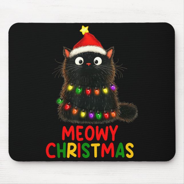 Tapis De Souris Meowy Christmas Tree Lights Black Cat Xmas Pajamas (Devant)
