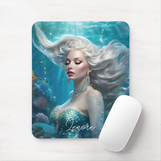 Tapis De Souris Mermaid cheveux en argent Turquoise Océan (Avec souris)