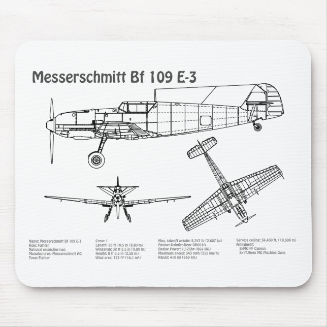 Tapis De Souris Messerschmitt Bf 109 - Plan d'avion BD (Devant)