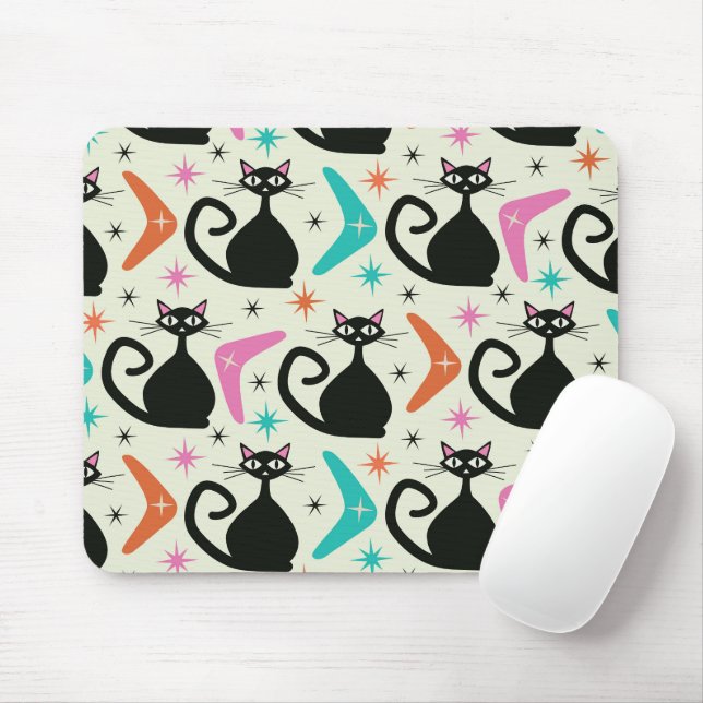 Tapis De Souris Mid Century Black Atomic Cats with Boomerangs  (Avec souris)