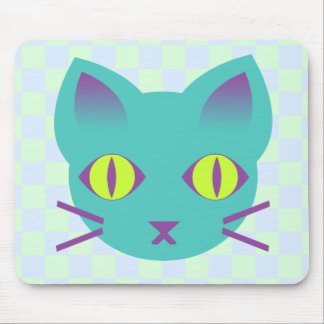 Tapis De Souris Mignon Chat Kitty Anime Bleu & Vert à Damier