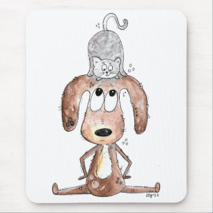 Tapis De Souris Mignonne chien Whimsical avec chat sur sa tête