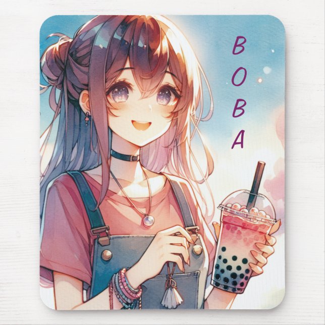 Tapis De Souris Mignonne fille Anime tenant un Boba Tea (Devant)