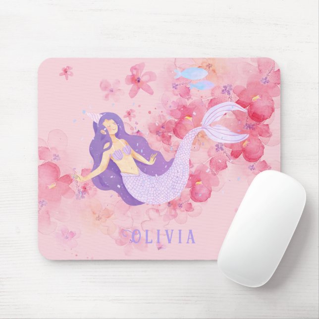 Tapis De Souris Mignonne sirène rose sous la mer pour les petites  (Avec souris)