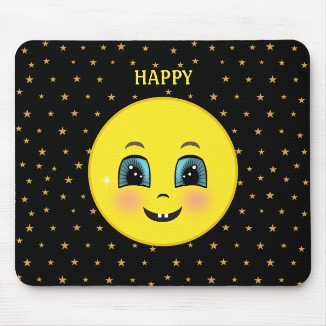 Tapis De Souris Mignons visages heureux et étoiles en noir (Devant)