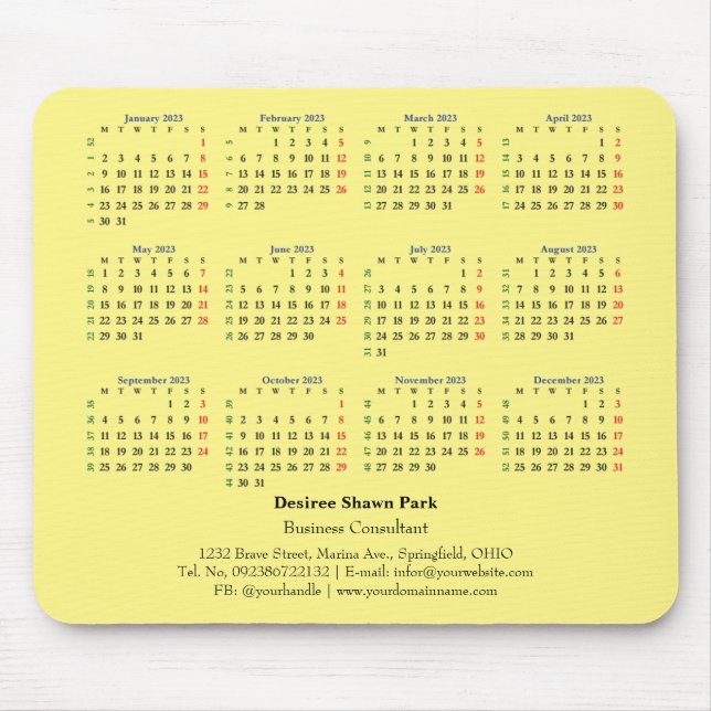 Tapis De Souris Mini calendrier lundi 2023 Souris ISO Week (Devant)