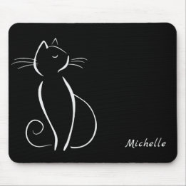 Tapis De Souris Minimaliste Chat Blanc Sur Noir Ajouter Nom