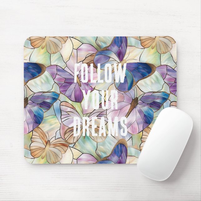 Tapis De Souris Mint Aqua Bleu Papillons pourpres (Avec souris)