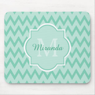 Tapis De Souris Mint Green Chevron Zigzag Nom et monogramme de la 