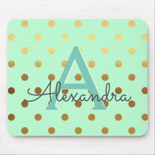 Tapis De Souris Mint Green & Gold Foil Pois Monogramme Nom