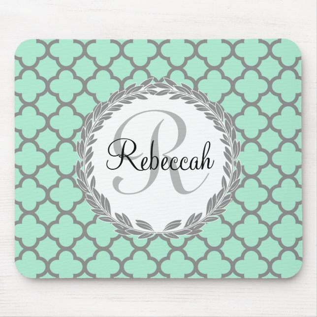 Tapis De Souris Mint Green Grey Quatrefol Nom Monogramme (Devant)