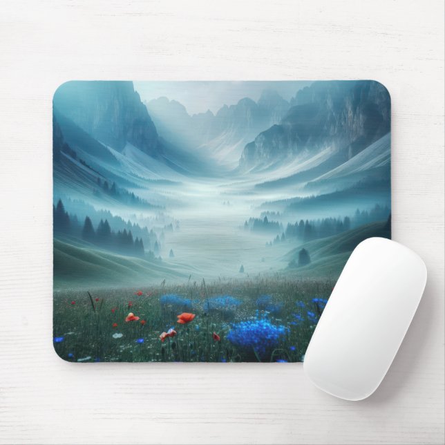 Tapis De Souris Misty Mountain Valley Avec Fleurs sauvages (Avec souris)