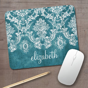 Tapis De Souris Modèle de Damas gris turquoise Texte personnalis