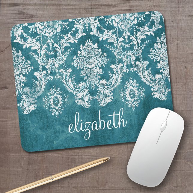 Tapis De Souris Modèle de Damas gris turquoise Texte personnalisé (Personalized mouse pad with your name)