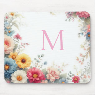 Tapis De Souris Modèle de monogramme floral aquarelle