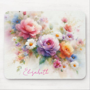 Tapis De Souris Modèle de nom de script personnalisé floral aquare