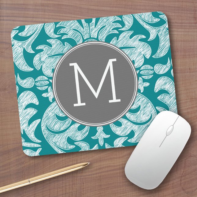 Tapis De Souris Modèle gris chic et Damas Turquoise Monogramme per (Personalized mousepad - Add Custom Text)