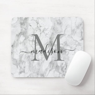 Tapis De Souris Modern Black White Gray Marble Monogram Script