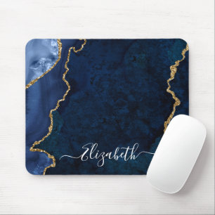 Tapis De Souris Modern Elegant Watercolor Marble Blue Geode Gold