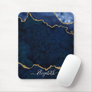 Tapis De Souris Moderne Elégant Aquarelle Marbre Géode Bleu Or