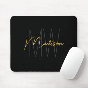 Tapis De Souris Moderne Monogramme Nom Script Noir Or