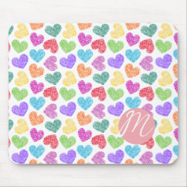 Tapis De Souris Moderne Vibrant Rainbow Doodle Hearts Monogramme