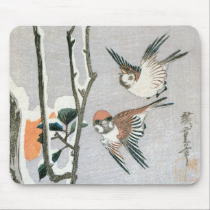 Tapis De Souris Moineaux et Camélia dans la neige par Ando Hiroshi