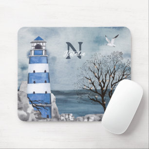 Tapis De Souris Monogram Blue Lighthouse aquarelle Art