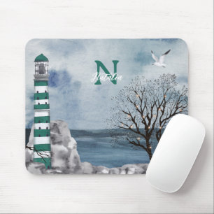 Tapis De Souris Monogram Green Lighthouse aquarelle Art