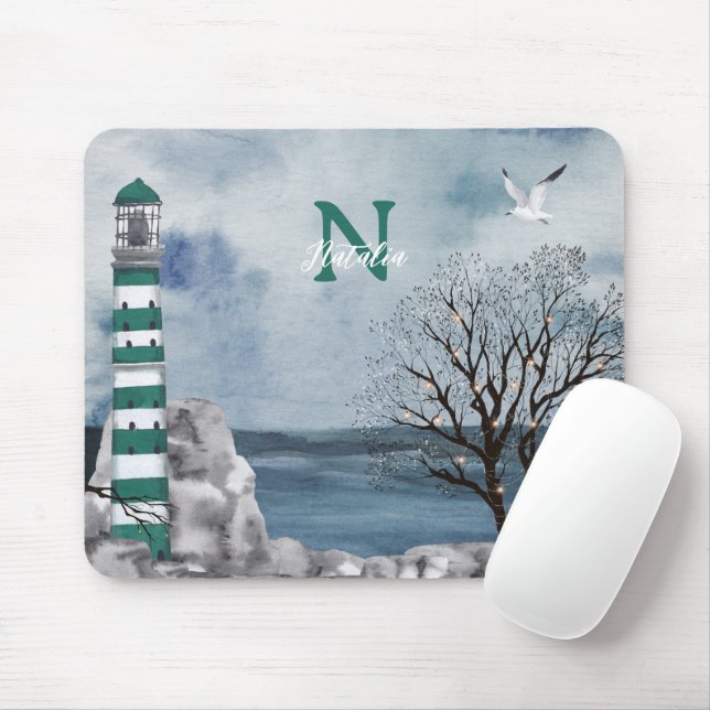 Tapis De Souris Monogram Green Lighthouse aquarelle Art (Avec souris)