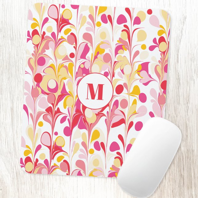 Tapis De Souris Monogram Retro Marble Abstract Pattern Pink (Modern retro pink yellow marble pattern personalized monogram initial mousemat)