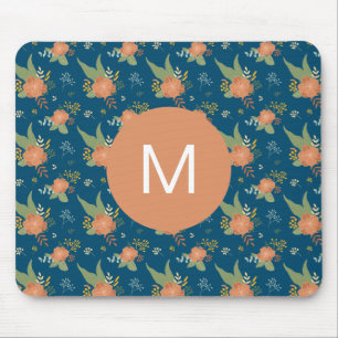 Tapis De Souris Monogramme à motif floral vintage pêche et bleu