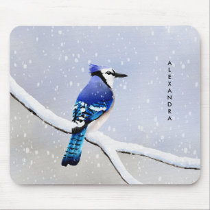 Tapis De Souris Monogramme Aquarelle hiver Oiseau de neige bleu Ja