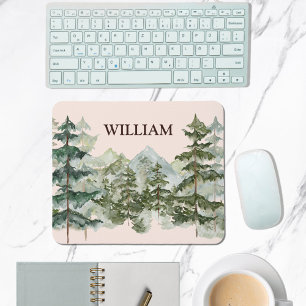 Tapis De Souris Monogramme Aquarelle Pine Forêt & Montagne Rustiqu