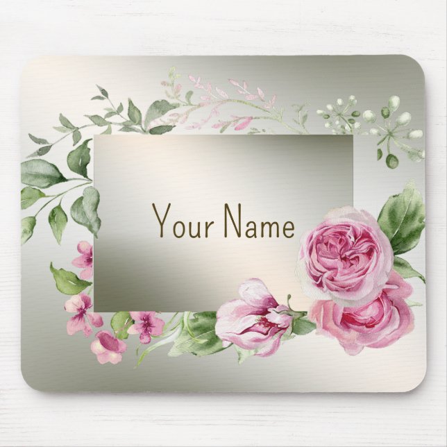 Tapis De Souris Monogramme Aquarelle rose Floral Frame Bronze bril (Devant)