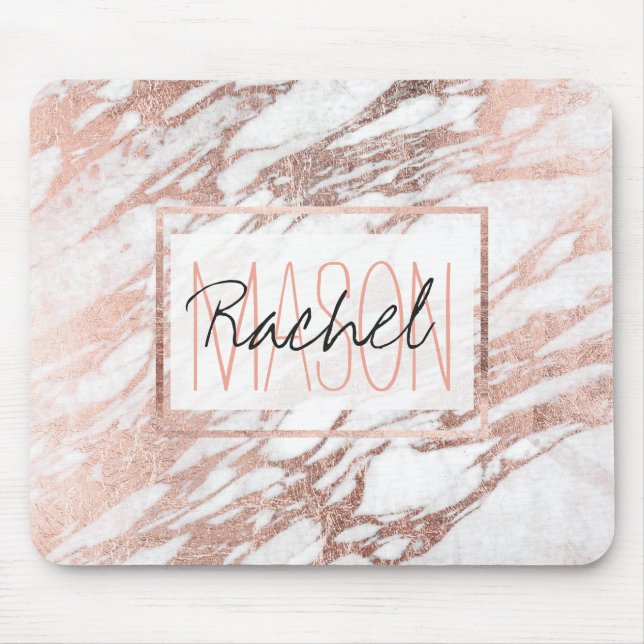 Tapis De Souris Monogramme blanc et rose élégant chic de marbre (Devant)