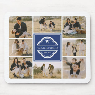 Tapis De Souris Monogramme Bleu Blanc et Collage photo annuel