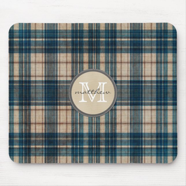 Tapis De Souris Monogramme bleu d'arrière - plan de flanelle (Devant)