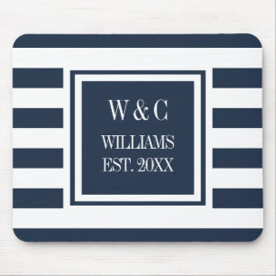 Tapis De Souris Monogramme bleu marine et blanc personnalisé
