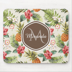Tapis De Souris Monogramme Brown floral d'ananas tropical exotique