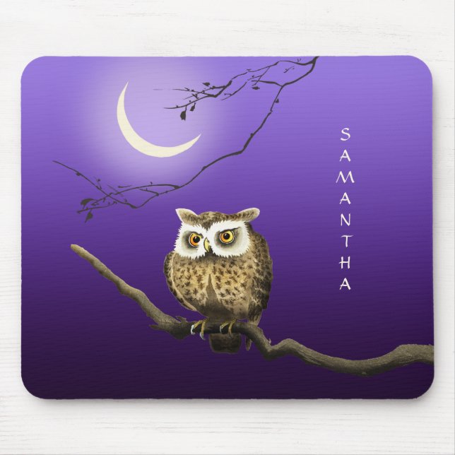 Tapis De Souris Monogramme Chouette Nuit Lune Bleu Profond Mousepa (Devant)