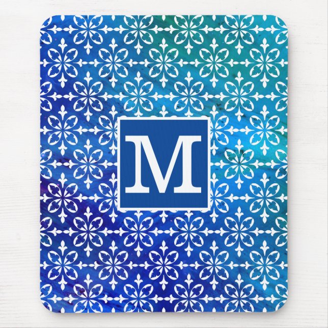 Tapis De Souris Monogramme classique Chem bleu 4 Damas florales (Devant)