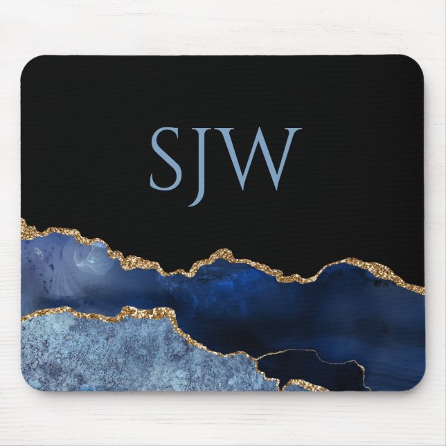 Tapis De Souris Monogramme d'Agate bleu et or de la Marine (Devant)