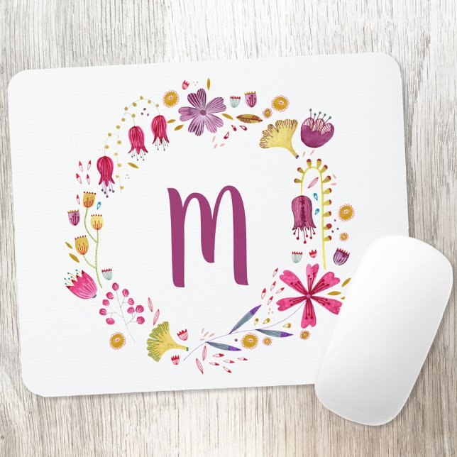 Tapis De Souris Monogramme d'aquarelle florale (Floral watercolor monogram initial personalized art mousemat)