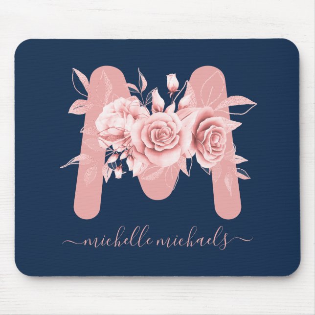 Tapis De Souris Monogramme d'aquarelle florale de la marine rose (Devant)